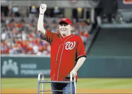  ?? Alex Brandon ?? The Associated Press House Majority Whip Steve Scalise, R-LA., throws out the ceremonial first pitch Friday before Game 1 of the National League Division Series between the Washington Nationals and the Chicago Cubs at Nationals Park in Washington.