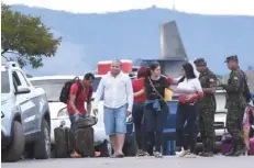  ??  ?? Some of the 14 Brazilians who were authorized to cross the Brazil-venezuela border into Brazil for health reasons, arrive in Pacaraima, Brazil. President Nicolas Maduro ordered the closure of Venezuela’s border with Brazil last week in an increasing­ly fraught power struggle with Juan Guaido. — AFP