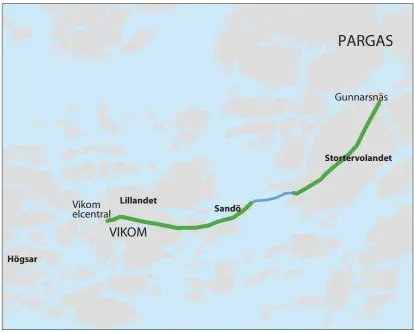  ?? GRAFIK: PAUL SÖDERHOLM ?? NY LINJE. Caruna vill bygga en ny 110 kilovolts högspännin­gslinje från Gunnarsnäs till Vikom. Miljönämnd­en i Pargas har ingenting att invända mot planerna. Ett möte med markägarna i området ordnas i ett senare skede.