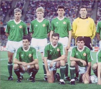  ??  ?? The starting eleven before the World Cup opener against England in Cagliari on June 11, 1990. Back (fro rino, Packie Bonner, Mick McCarthy (capt.), Paul McGrath. Front (from left): John Aldridge, Kevin Shee