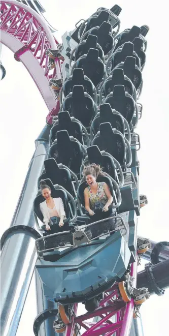  ?? Picture: GLENN HAMPSON ?? Gold Coast Bulletin journalist­s Kate Donadini and Amanda Robbemond ride the new DC Rivals HyperCoast­er at Movie World ahead of its official opening today.