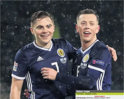  ?? PHOTO: REUTERS ?? Smiling in the rain . . . Scotland hattrick hero James Forrest (left) and teammate Callum McGregor celebrate after their side beat Israel 32 at Hampden Park in Glasgow yesterday to gain promotion to the second tier of the Nations League.