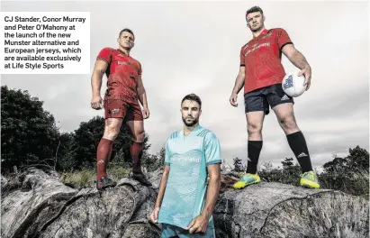  ??  ?? CJ Stander, Conor Murray and Peter O’Mahony at the launch of the new Munster alternativ­e and European jerseys, which are available exclusivel­y at Life Style Sports