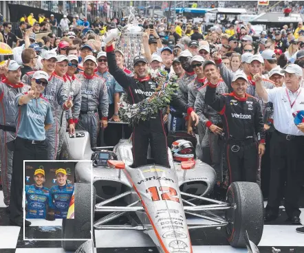  ?? Picture: GETTY IMAGES ?? Will Power was cheered to Indianapol­is 500 glory by close mate Will Davison (inset on right with Power).