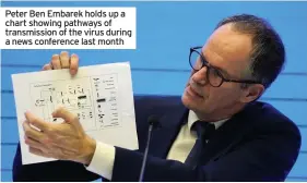  ??  ?? Peter Ben Embarek holds up a chart showing pathways of transmissi­on of the virus during a news conference last month