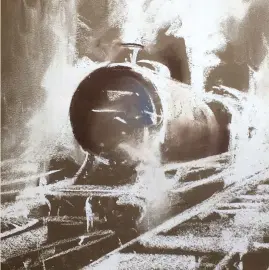  ?? ?? ▲ This sketch of a railway engine was painted on a dark brown Canson paper, allowing the creation of the dark interior of a station. Notice how I have used blending to create steam and smoke, giving the picture atmosphere