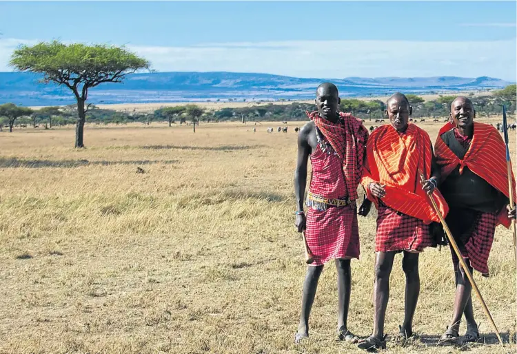  ??  ?? VETERANS OF THE VELD: Maasai guides Steve, Ndorobo and Mpata, above; and two sleepy-heads of the savannah, below