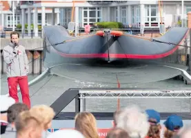  ?? Photo / Getty Images ?? Sir Ben Ainslie speaks at the launch of Britannia.