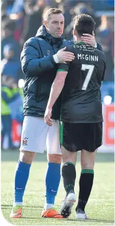  ??  ?? Killie’s Kris Boyd and Hibs’ John McGinn at full time