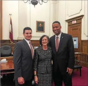  ?? DIGITAL FIRST MEDIA FILE PHOTO ?? Commission­ers Joe Gale, Val Arkoosh and Ken Lawrence Jr. pose after Lawrence was sworn into office in January at the Montgomery County Courthouse.