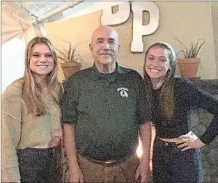  ?? ?? Volleyball standouts Aly and Aubree Dees pose with THS girls varsity coach Renn Amstead at a recent Bakersfiel­d College awards ceremony banquet. The sisters were recently named MVP of their respective conference­s, Aly in community college and Aubree in high school.