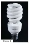  ??  ?? Picture 2: A typical CFL. This is a 23 Watt
bulb that is roughly equivalent to a normal incandesce­nt 100W
bulb. The colour temperatur­e is 6500 K
Picture 2