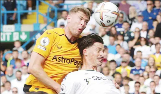  ?? England. (AP) ?? Wolverhamp­ton Wanderers’ Nathan Collins heads at goal during the English Premier League soccer match between Leeds United and Wolverhamp­ton Wanderers, at the Elland Road in Leeds,