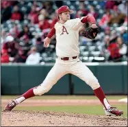  ?? NWA Democrat-Gazette/J.T. WAMPLER ?? Caleb Bolden earned the victory Sunday at Baum Stadium in Fayettevil­le, allowing two hits in three innings as the Razorbacks swept the series against Bucknell, taking the final game 3-1.