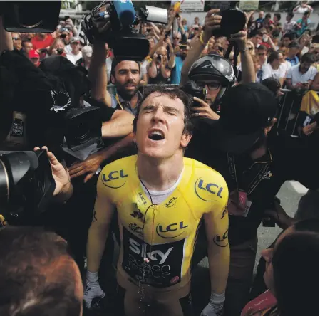  ?? EPA ?? Team Sky’s Geraint Thomas celebrates at the end of yesterday’s time trial in the Tour de France
