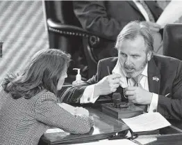  ?? Bob Daemmrich / CapitolPre­ssPhoto ?? Bryan Hughes of Mineola, shown with fellow GOP state Sen. Angela Paxton of McKinney, authored the bill on voting restrictio­ns passed by the Texas Senate.