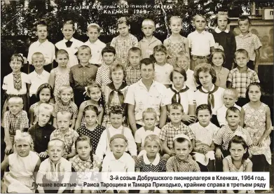  ?? 3-й созыв Добрушског­о пионерлаге­ря в Кленках, 1964 год. Лучшие вожатые — Раиса Тарощина и Тамара Приходько, крайние справа в третьем ряду ??