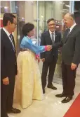  ?? (Steve Linde) ?? SOUTH KOREAN Ambassador Choi Yong-hwan introduces Regional Cooperatio­n Minister Tzachi Hanegbi to members of the South Korean Embassy.