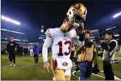  ?? CHRIS SZAGOLA — THE ASSOCIATED PRESS ?? San Francisco 49ers quarterbac­k Brock Purdy leaves the field after the NFC Championsh­ip game against the Philadelph­ia Eagles on Sunday in Philadelph­ia.