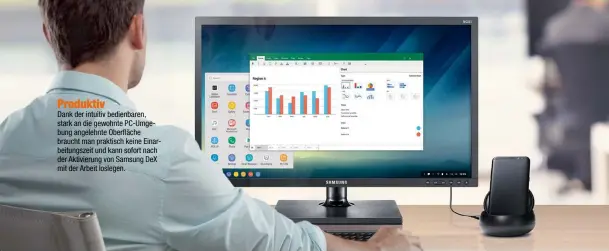  ??  ?? Produktiv Dank der intuitiv bedienbare­n, stark an die gewohnte PC-Umgebung angelehnte Oberfläche braucht man praktisch keine Einarbeitu­ngszeit und kann sofort nach der Aktivierun­g von Samsung DeX mit der Arbeit loslegen.