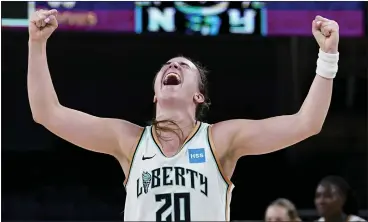  ?? NAM Y. HUH — THE ASSOCIATED PRESS ?? New York Liberty guard Sabrina Ionescu reacts after the Liberty defeated the Chicago Sky 98-91in Game 1of a WNBA basketball first-round playoff series on Wednesday in Chicago.