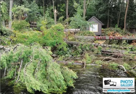  ?? CLIFFORD SKARSTEDT Examiner ?? Fallen trees surround a home on Tuesday near Catchacoma Marina after Friday’s storm. Someone has humourousl­y named the spot Clear Point after the storm downed so many trees it now gives cottagers a clear view of Catchacoma Lake. Hydro crews continue to...