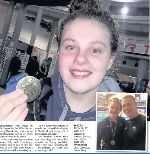  ??  ?? Holly Hibbott, 17, with her winner’s medal, above, and, right, with her swimming club director, Sean Kelly