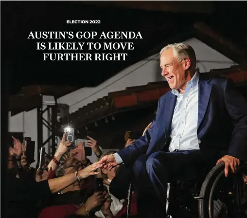  ?? Jerry Lara/Staff photograph­er ?? Gov. Greg Abbott greets supporters at Tuesday’s victory party in McAllen. He defeated challenger Beto O’Rourke, 55 percent to 44 percent.