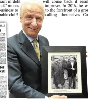  ??  ?? Giovanni Trapattoni holds a photograph of himself when he was assistant manager of AC Milan, with manager Nereo Rocco, on their visit to St Mel’s Park, Athlone, for their 1975 UEFA Cup clash and, left, how the Irish Independen­t recorded Athlone’s 0-0 draw