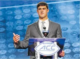  ?? ASSOCIATED PRESS ?? Duke’s Daniel Jones speaks to the media during the Atlantic Coast Conference media day in Charlotte, N.C., on Friday. He is one of two returning quarterbac­ks in the Coastal Division.