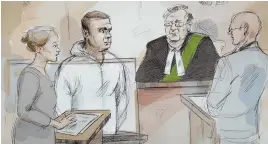  ?? SkETChvIAA­P;APPhOTO,bElOw ?? CANADA TRAGEDY: Alek Minassian, second from left, is shown in this Toronto courtroom sketch. Below, Sean O’Keefe and his son Fionn bring flowers to a memorial on Yonge Street.