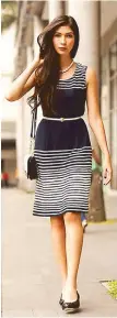 ??  ?? Stripe two: Stripes in black and white ensemble are paired with striped bags.