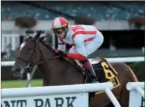  ?? CHELSEA DURAND/NYRA ?? Two-time stakes winner Newspapero­frecord with Irad Ortiz, Jr. aboard cruised to her first stakes win by six and a-half lengths in the Sept. 30, 2018 G2 Miss Grillo Stakes at Belmont Park before winning the G1 Breeders’ Cup Juvenile Fillies Turf Nov. 2 at Churchill Downs.
