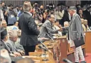  ??  ?? Nepal’s former PM KP Oli Sharma (right) and Maoist chairman Pushpa Kamal Dahal ‘Prachanda’ meet in Parliament.