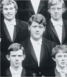 ?? Rex ?? Bill Clinton, centre, in 1968 with fellow students at Oxford University, which he attended thanks to a Rhodes Scholarshi­p