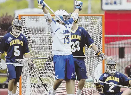  ?? STAFF PHOTOS BY NICOLAUS CZARNECKI ?? SHORT FALL: A three-goal flurry by Limestone in the third quarter spelled doom for Merrimack in the NCAA Div. 2 lacrosse final yesterday in Foxboro.