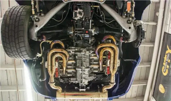  ??  ?? That’s one neat underside. Engine is a 993 unit taken out to 4.1-litres. Exhaust is custom fabricated