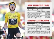  ?? J KIM LUDBROOK/EPA-EFE ?? PERPANJANG DOMINASI: Ekspresi Geraint Thomas ketika memasuki finis etape ke-12 Tour de France di Alpe d’Huez, Prancis, tadi malam (19/7).