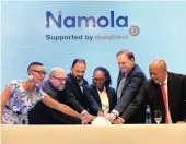  ??  ?? Pabi Moloi, radio and TV host; Peter Matthaei, chief executive of Namola; Yusuf Abramjee, anti-crime activist and chief ambassador of Namola; Nomsa Philiso, SABC acting chief executive; Warwick Scott-Rodger, executive head of Dialdirect; and Stephen...