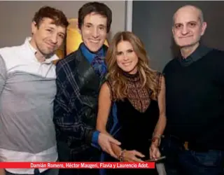  ??  ?? Damián Romero, Hèctor Maugeri, Flavia y Laurencio Adot. Ochenta invitados, entre sus amigos y familia, disfrutaro­n de una velada con mesas de dulces, dos tortas y divertido baile hasta las 3 de la mañana.