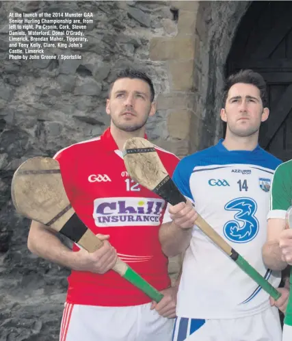  ??  ?? At the launch of the 2014 Munster GAA Senior Hurling Championsh­ip are, from left to right, Pa Cronin, Cork, Steven Daniels, Waterford, Donal O'Grady, Limerick, Brendan Maher, Tipperary, and Tony Kelly, Clare, King John’s Castle, Limerick Photo by John...