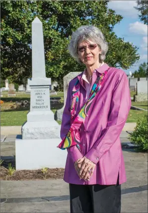  ?? STACI VANDAGRIFF/RIVER VALLEY & OZARK EDITION ?? Carol Powers of Conway stands by the obelisk that she and her late husband, Charles, donated for the columbariu­m in the Oak Grove Cemetery. The columbariu­m will be dedicated at 3 p.m. Oct. 21, followed by a performanc­e, Gone, But Not Forgotten, by Conway High School students.