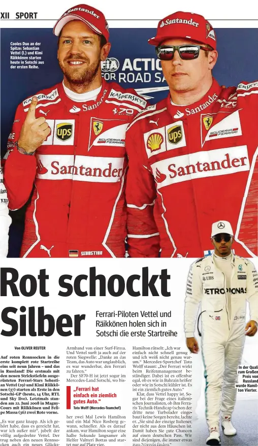  ??  ?? Cooles Duo an der Spitze: Sebastian Vettel (l.) und Kimi Räikkönen starten heute in Sotschi aus der ersten Reihe. In der Quali zum Großen Preis von Russland wurde Hamilton Vierter.