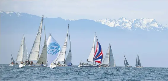  ?? ADRIAN LAM, TIMES COLONIST ?? Racing yachts get ready for the start of the 2023 Swiftsure Internatio­nal Yacht Race just off of Clover Point on Saturday morning.