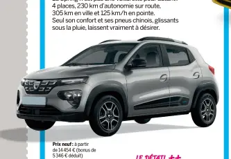  ?? ?? LE DÉTAIL
En option (600 €) un chargeur 30 kW permet de la recharger à 80 % en 15-20 minutes. Prix neuf : à partir de 14 454 € (bonus de 5 346 € déduit) Occasion : aussi chère qu’une neuve car pas de délai d’attente Longueur : 3,73 m Coffre : 300 l Consommati­on mixte : 2,30 €/100 km