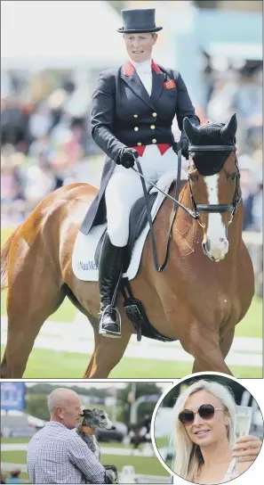  ??  ?? Main picture, Zara Tindall on Fernhill Facetime at the Bramham Horse Trials; above, a spectator with a pet at the event and Natasha Grzybowski from Harrogate.