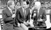  ?? MATT MURSCHEL/STAFF ?? Bill Raftery, right, is ready to call the Final Four with broadcast colleagues Jim Nantz, left, and Grant Hill.