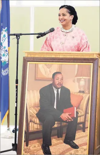  ?? Dave Zajac / Record-Journal via AP ?? U.S. Rep. Jahana Hayes speaks during the 35th annual Martin Luther King Jr. Albert Owens Scholarshi­p Breakfast at Maloney High School in Meriden on Jan. 20.