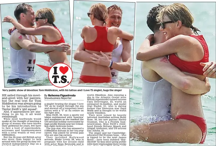  ??  ?? Very public show of devotion: Tom Hiddleston, with his tattoo and I Love TS singlet, hugs the singer Happy together: The actor and Miss Swift continue the loving embrace