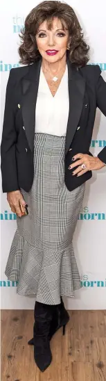  ??  ?? Joan Collins: Dazzling in a flared M&S POW check midi skirt with suede boots and a natty jacket
